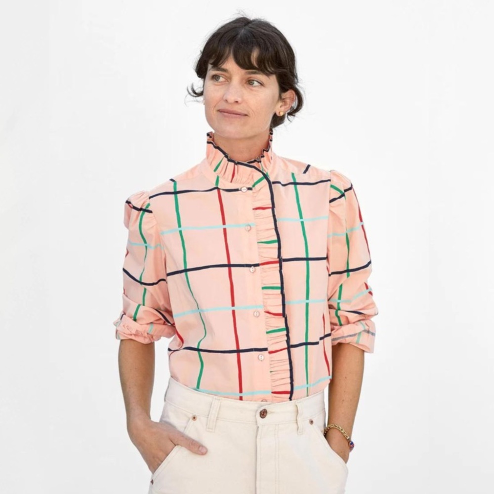 Clare V Peach Plaid Ruffle-Front Button Shirt